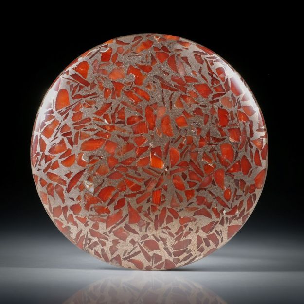 Edelkoralle corallium rubrum, in Bronze, polierte Rondelle mit leicht bombierter Oberseite, ca.36.5x36.5x4.5mm