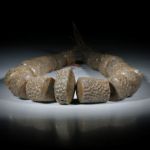Steincollier Koralle fossil, naturbelassene Formen mit bombiert geschliffenen Seiten, Durchmesser ca.14 - 24mm, Gesamtlänge ca.44.5cm