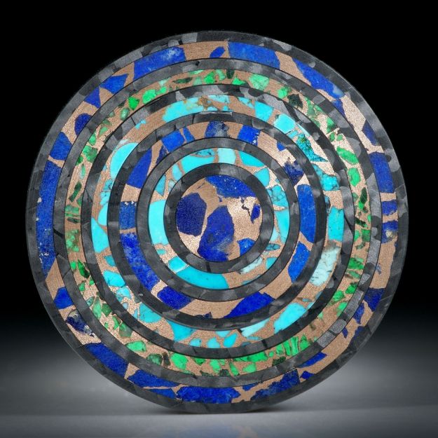 Scheibe aus Karbonringen mit eingeschliffenem Mawsitsit, Türkis und Lapislazuli in Bronzematrix, feinmatt ca.35x35x2.5mm