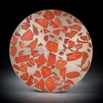 Edelkoralle corallium rubrum, in Bronzematrix, Paar 73.26ct. Rondellen plangeschliffen und poliert, je ca.35x35x2.3mm