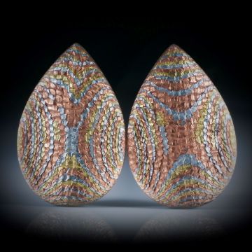 Komposit Tropfen Paar, Textilglas mit Blattmetall Kupfer, Alu und Messing, je ca.36.5x24x7mm