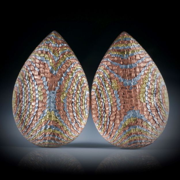 Komposit Tropfen Paar, Textilglas mit Blattmetall Kupfer, Alu und Messing, je ca.36.5x24x7mm