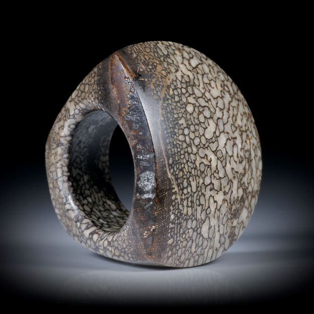 Fingerring aus versteinertem Saurierknochen, halbrunder Tafelring poliert, Innendurchmesser 18mm