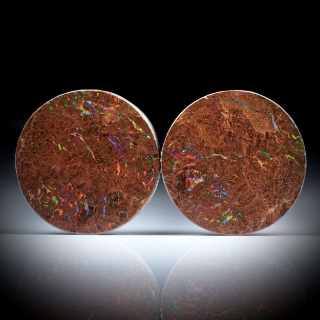 Matrix Edelopal Paar, plangeschliffene Rondellen, poliert und mit Karbon hinterlegt, je ca.24x24x3mm