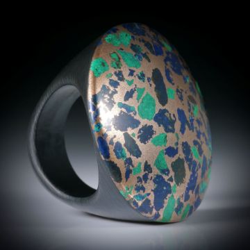 Edelsteinring Azurit/Malachit in Bronze, Tafelring mit Karbon Ringschiene, Innendurchmesser 18mm, Tafeldurchmesser 33mm