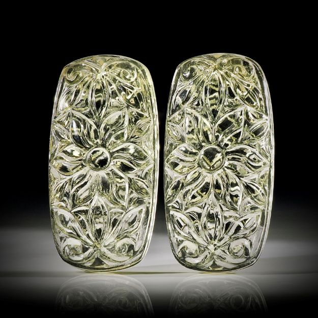 Citrin Schnitzerei Paar 98.93ct. beidseitig graviert, je ca.39x19.5x8mm